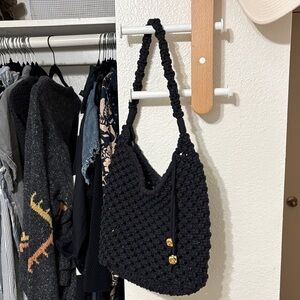 Madewell Black Crochet Shoulder Bag with Gold Bead Accents